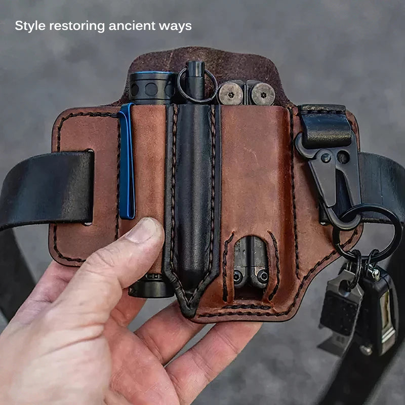 Tactical Multi Tool Belt Leather Bag Portable Tool Storage Bag Holster Outdoor Camping Hunting Waist Leather Pocket